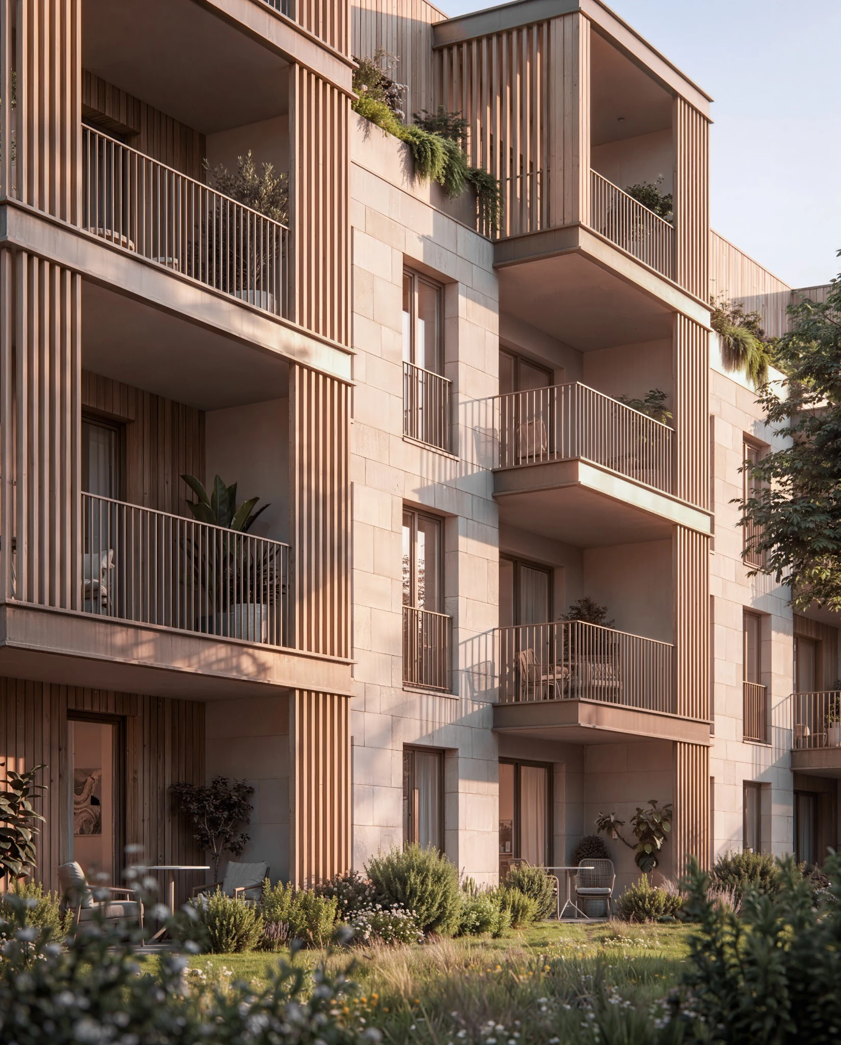 Multi-family residential facade with timber balconies and landscaped courtyard