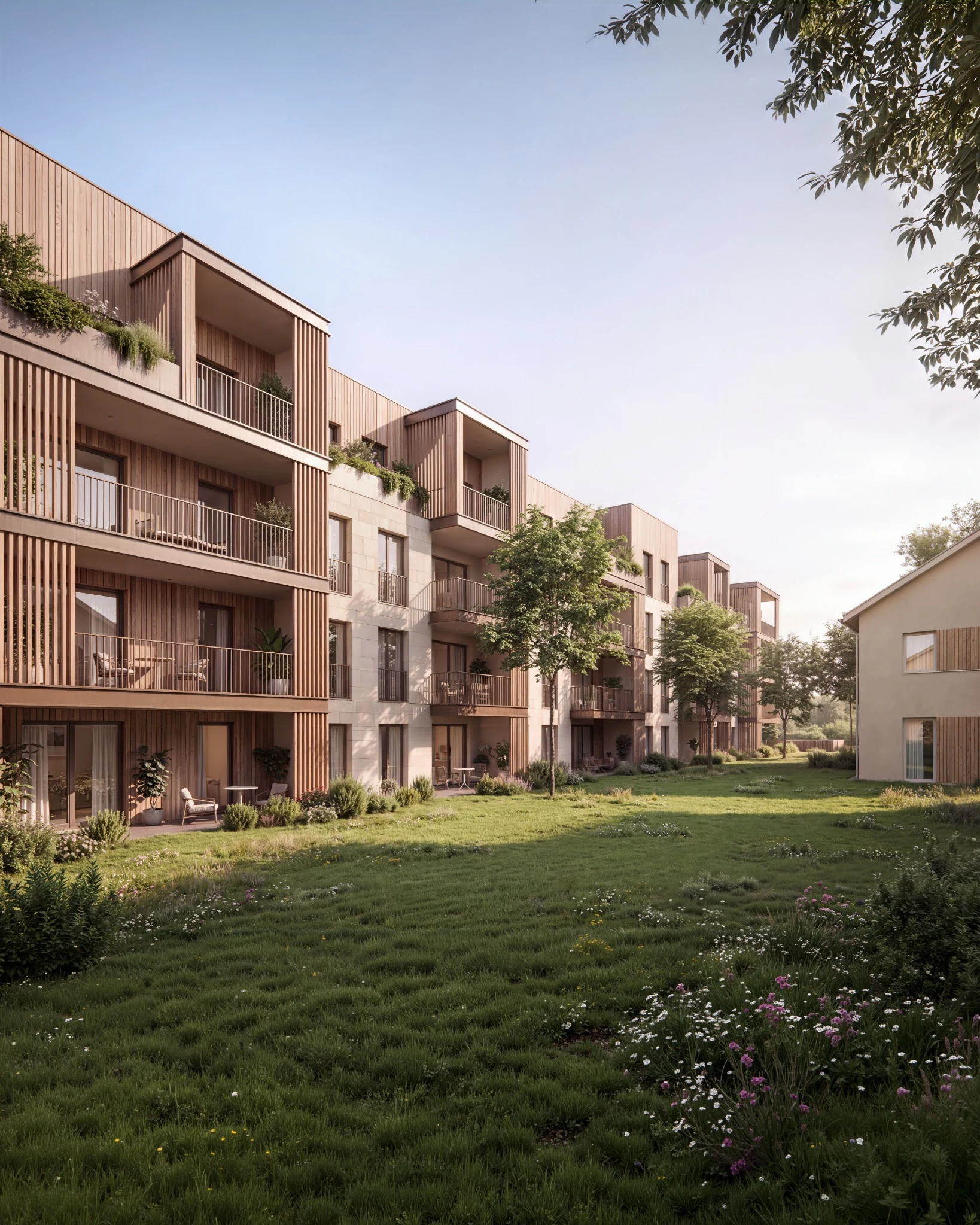 Landscaped courtyard between contemporary apartment buildings