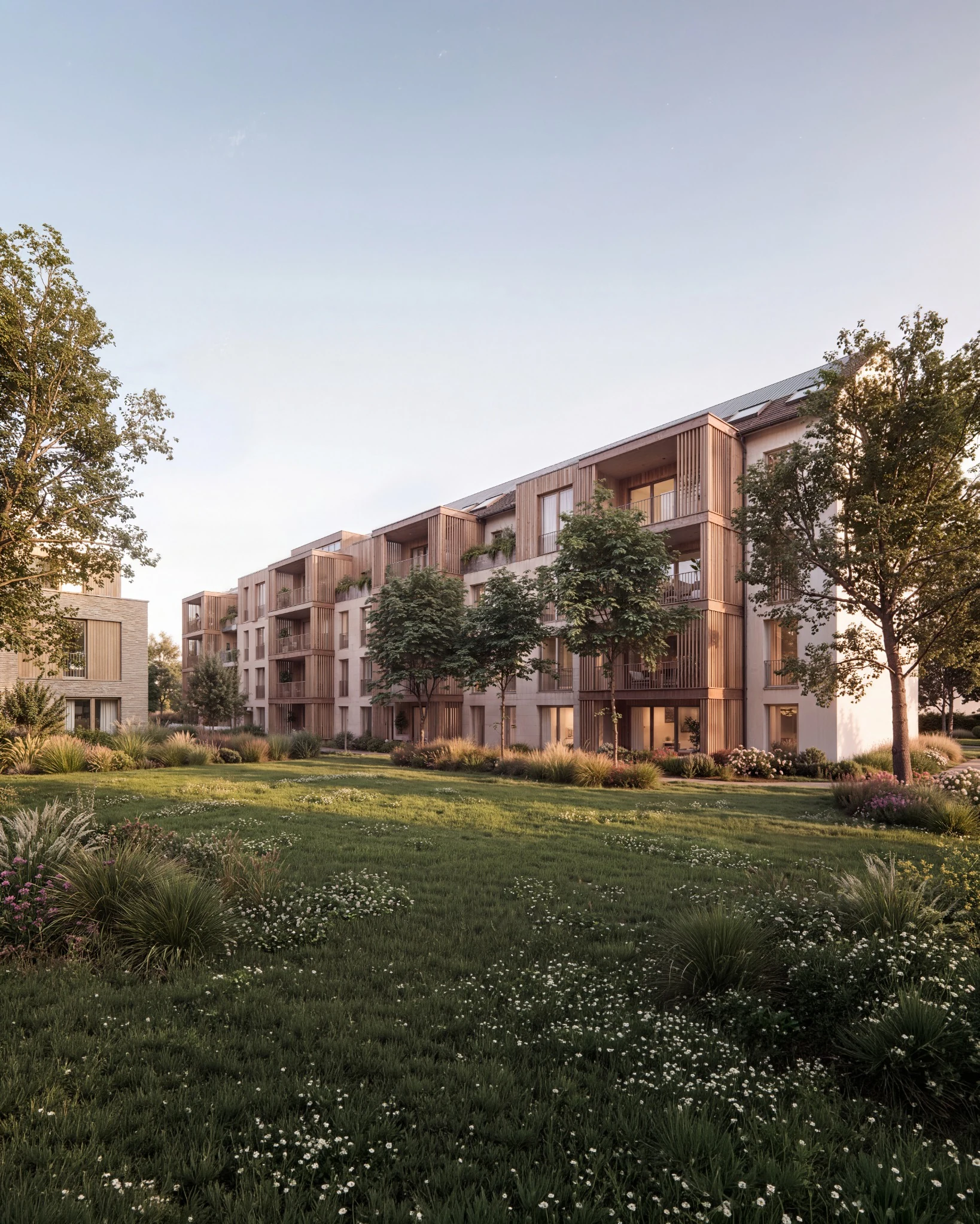 Contemporary multi-family residential development in warm evening light