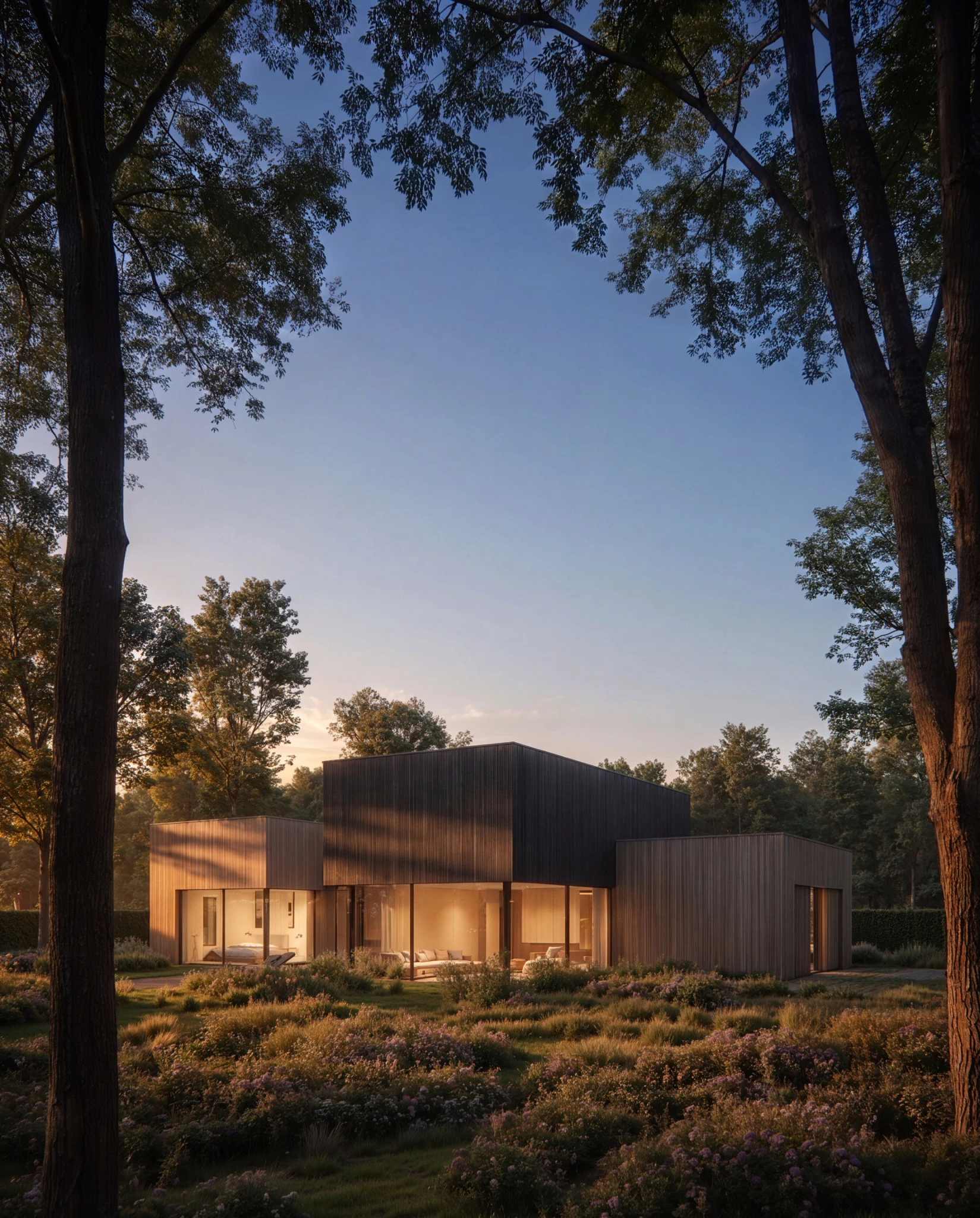 Contemporary timber residence at sunset
