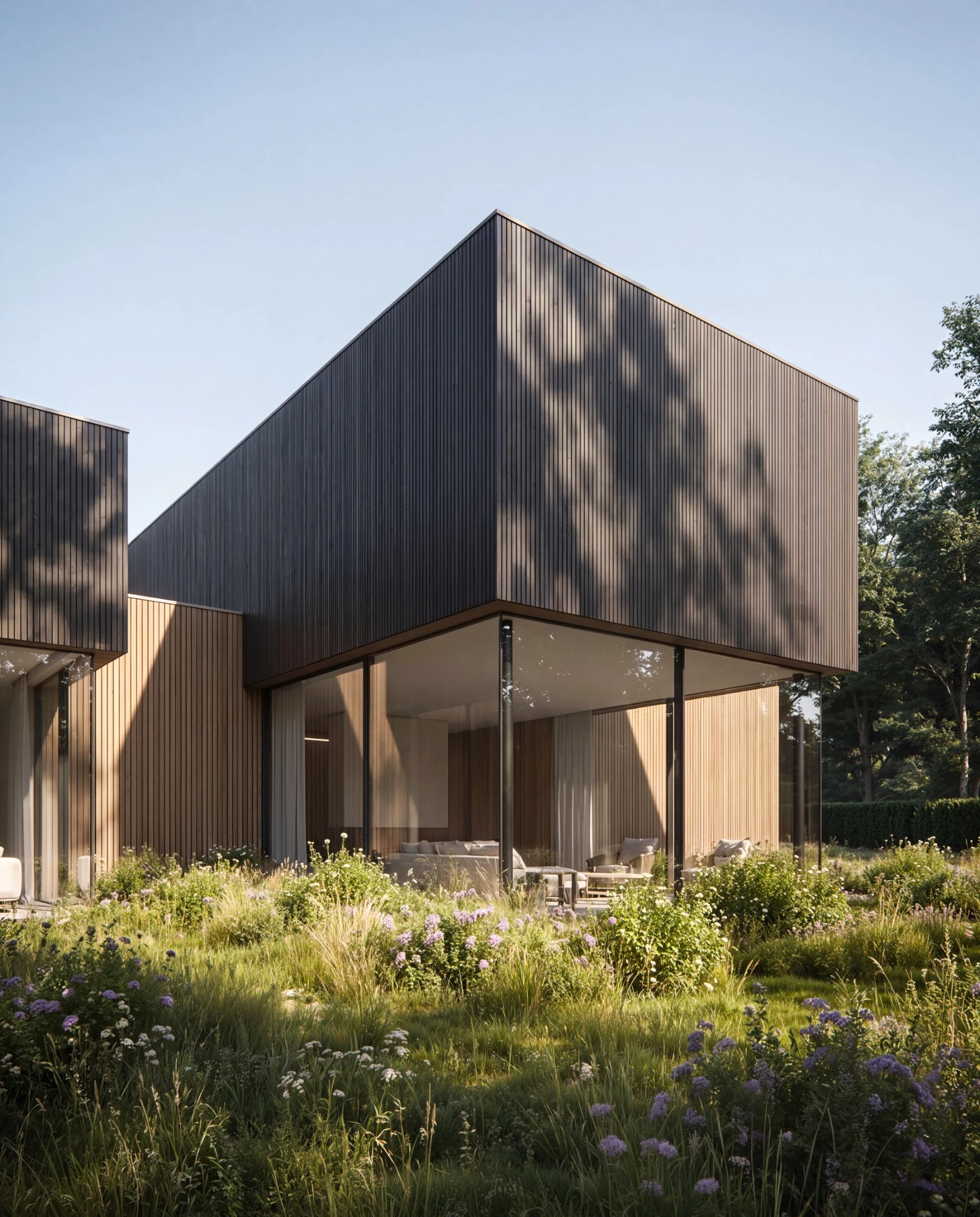 Timber residence detail in warm daylight