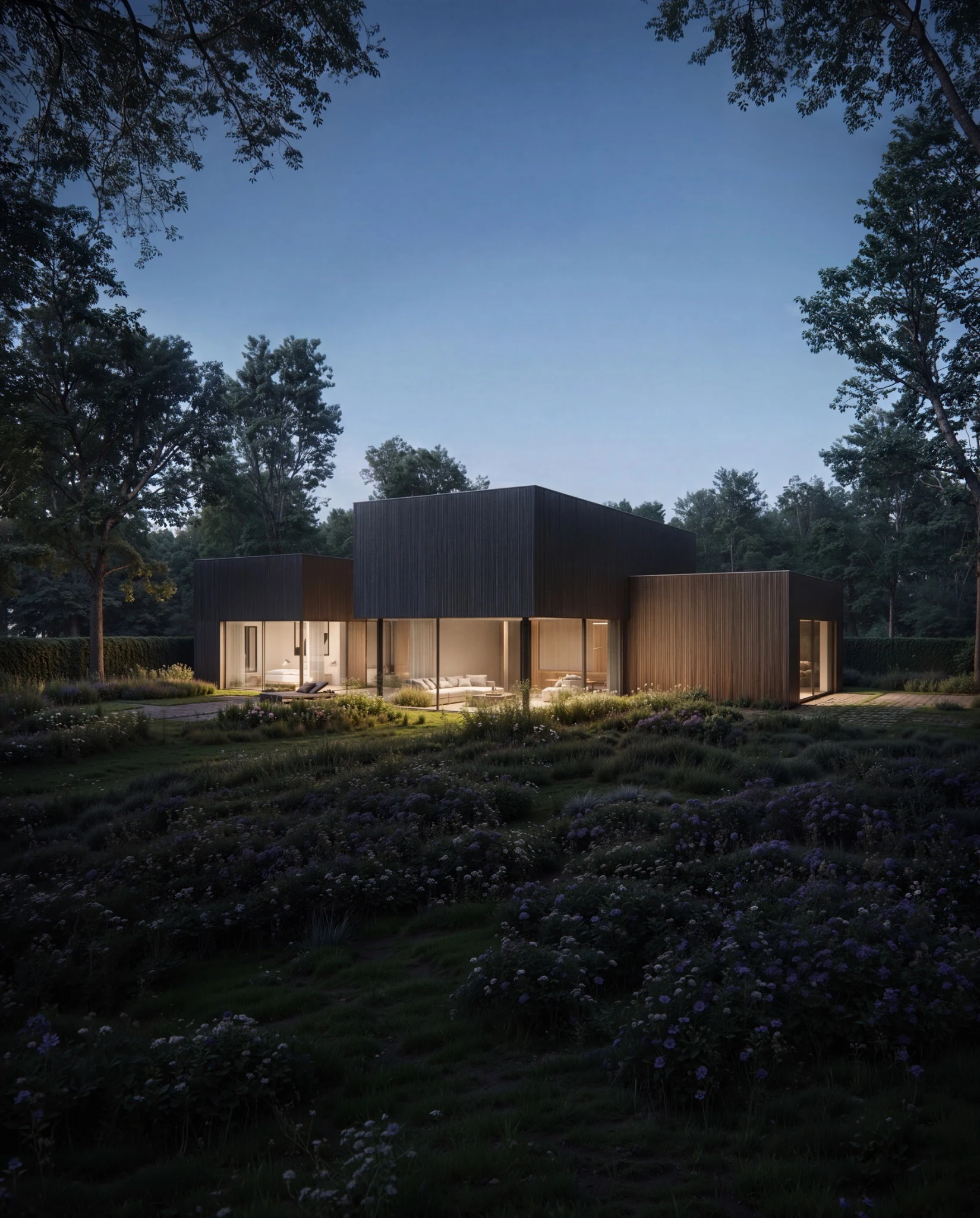 Woodland residence at blue hour
